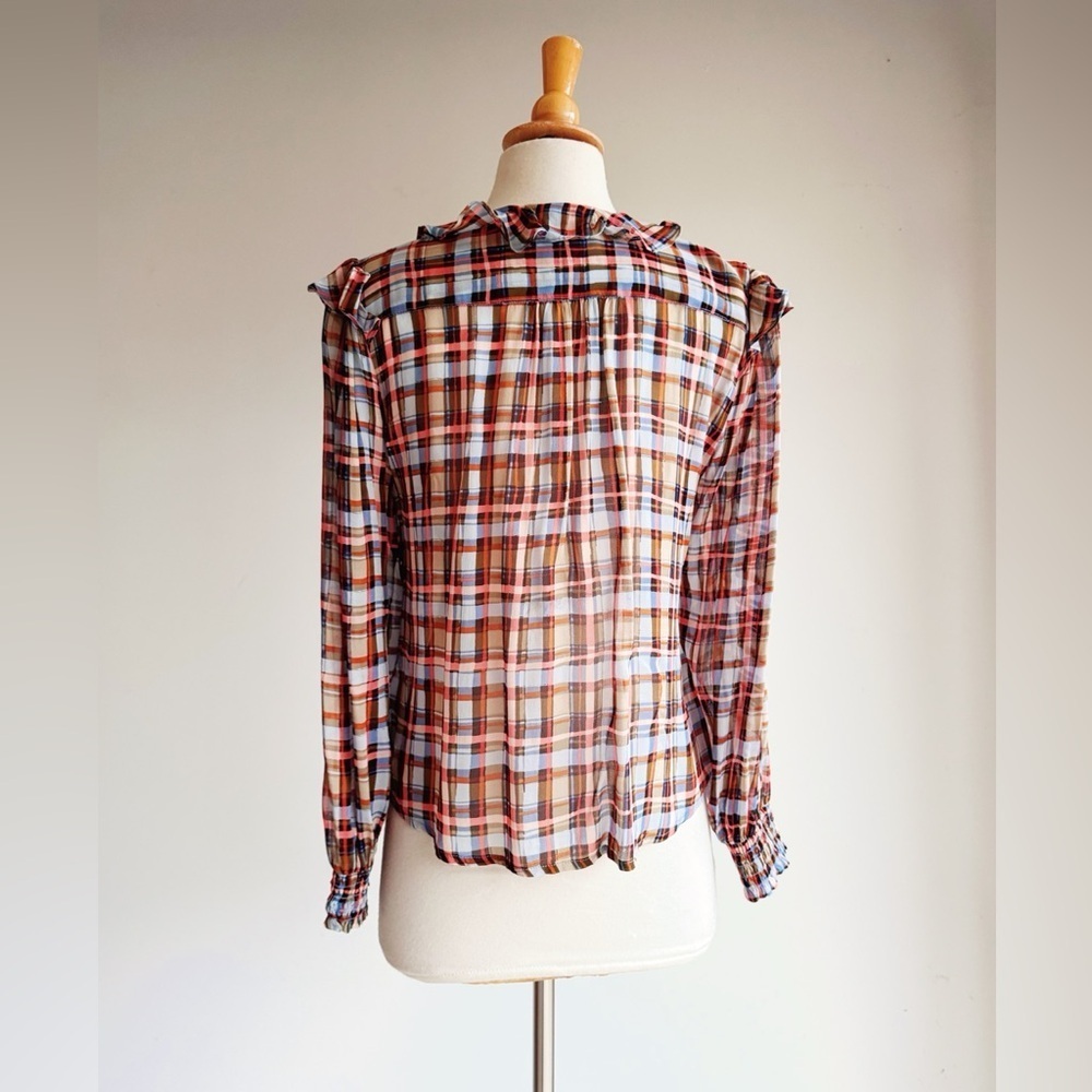 Maeve Anthropologie Laila Plaid Ruffle Blouse Romantic Fall Prep 8 petite - Picture 5 of 6